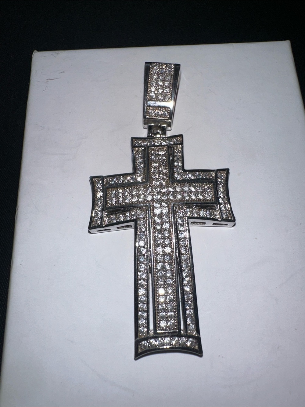 Sterling Silver-Tone Pave Cross Pendant in White CZ